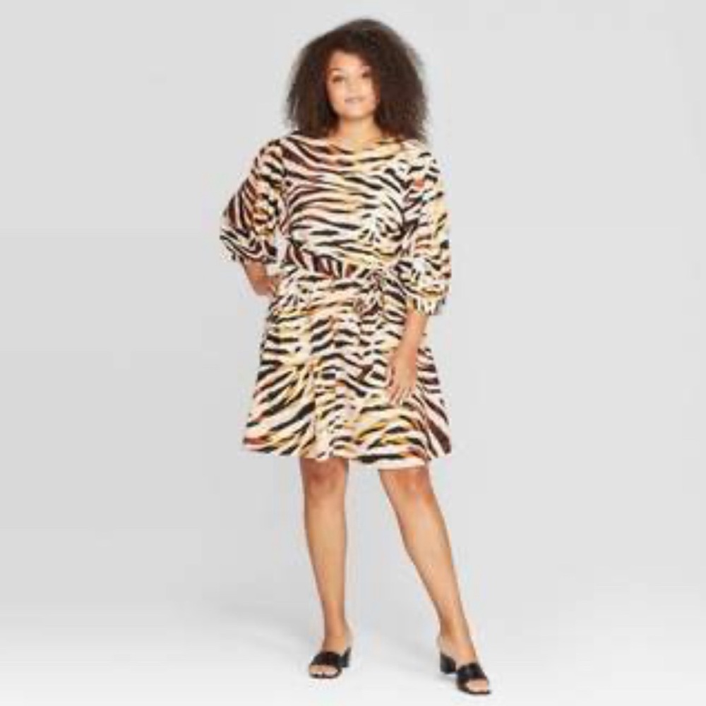 Who what wear tiger animal striped printed boho artsy linen blend dress size L